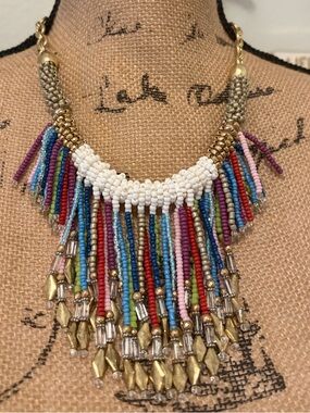 Chico's Multicolor Beaded Fringe Necklace with White Accent